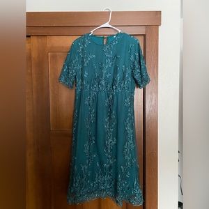 Blue, lace, short sleeve, embroidered midi dress